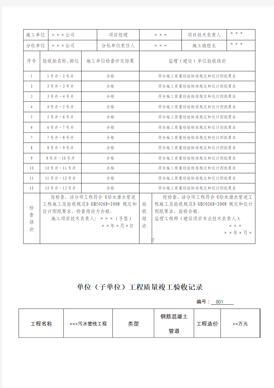 给排水验收批资料表格