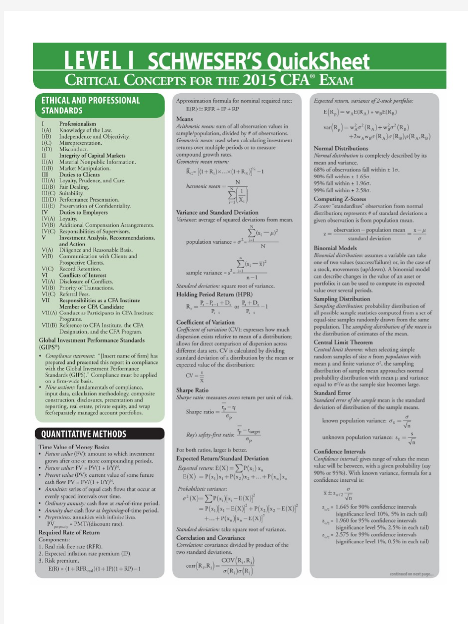 2015 CFA LEVEL 1 SCHWESER'S QUICKSHEET一级公式表