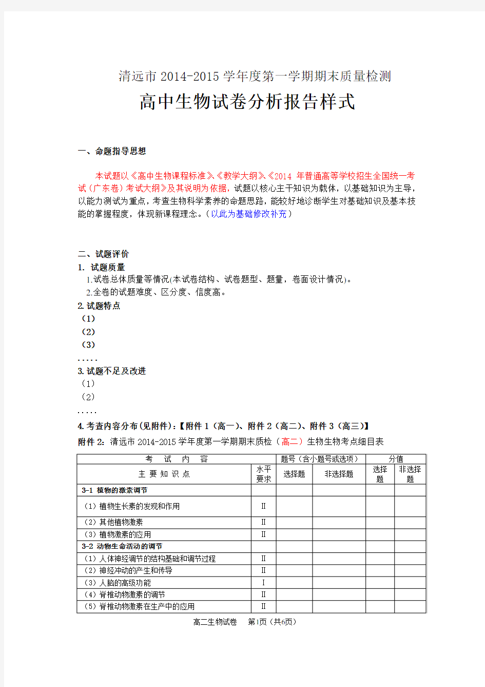 高中生物试卷分析报告样式