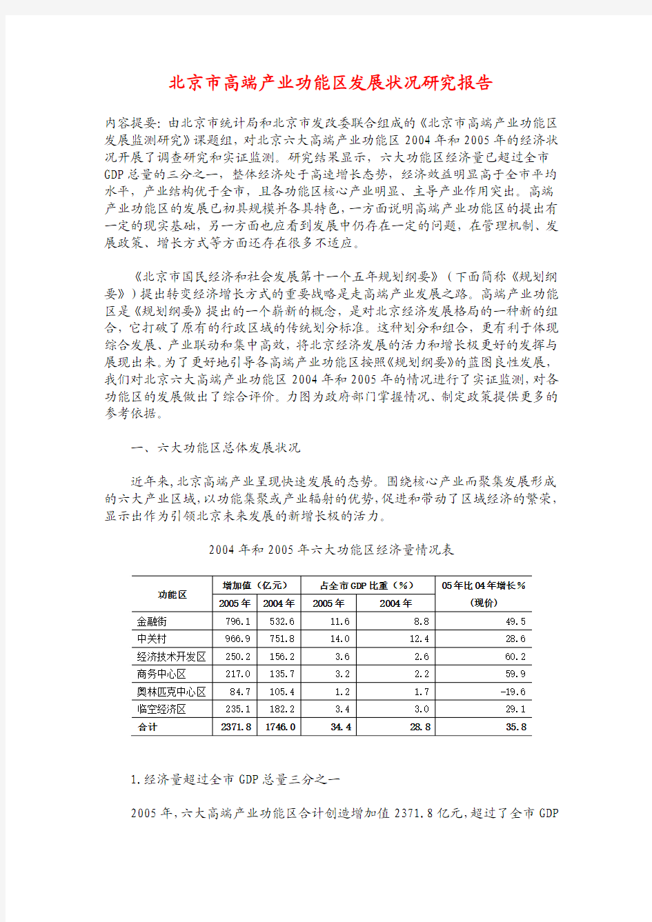 北京市高端产业功能区发展状况研究报告