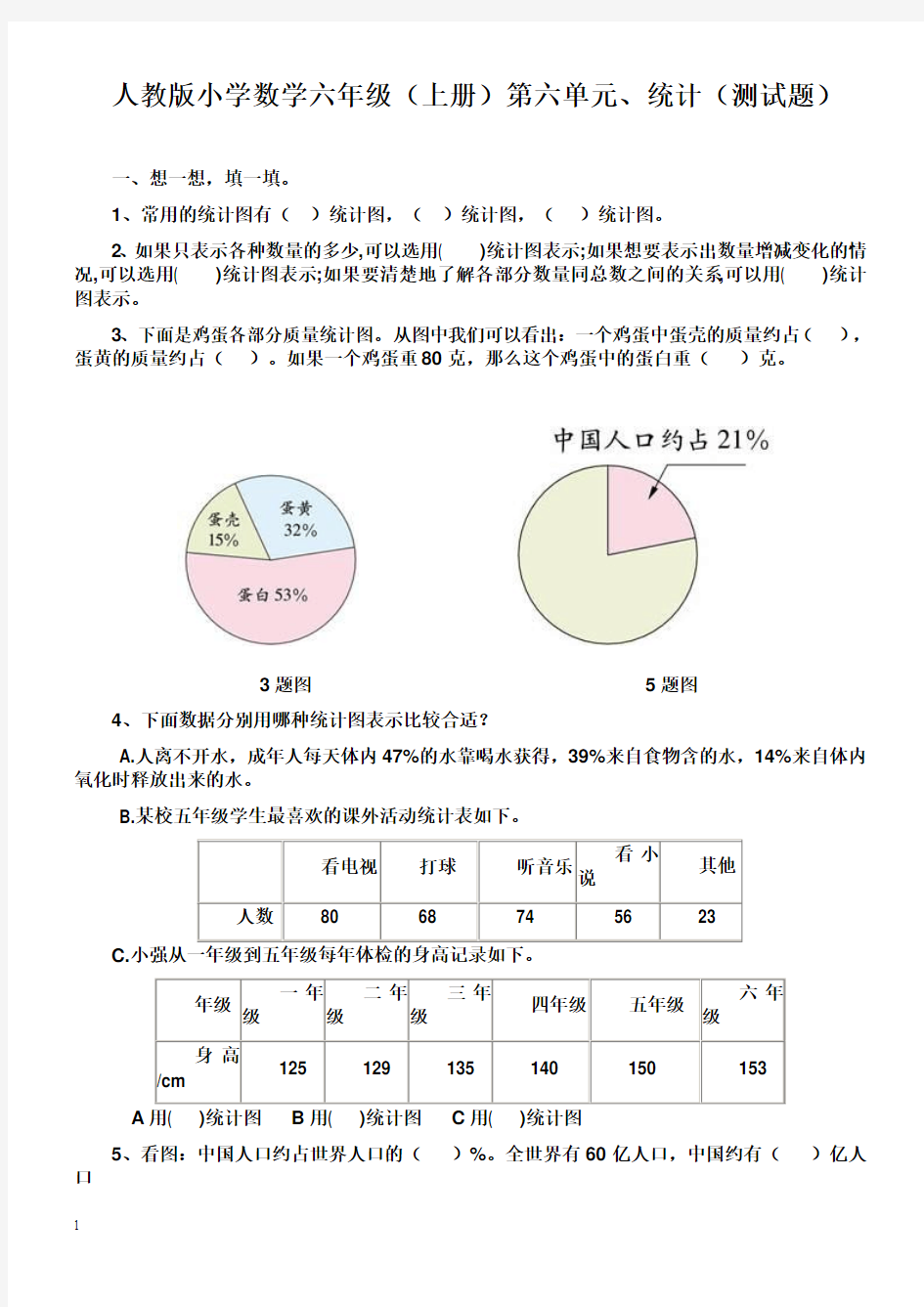 2014年秋人教版六年级上册数学第六单元同步练习试题