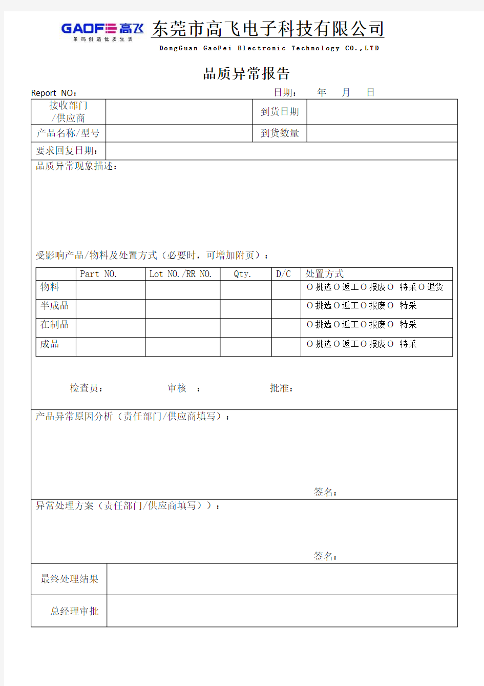 品质异常报告表单