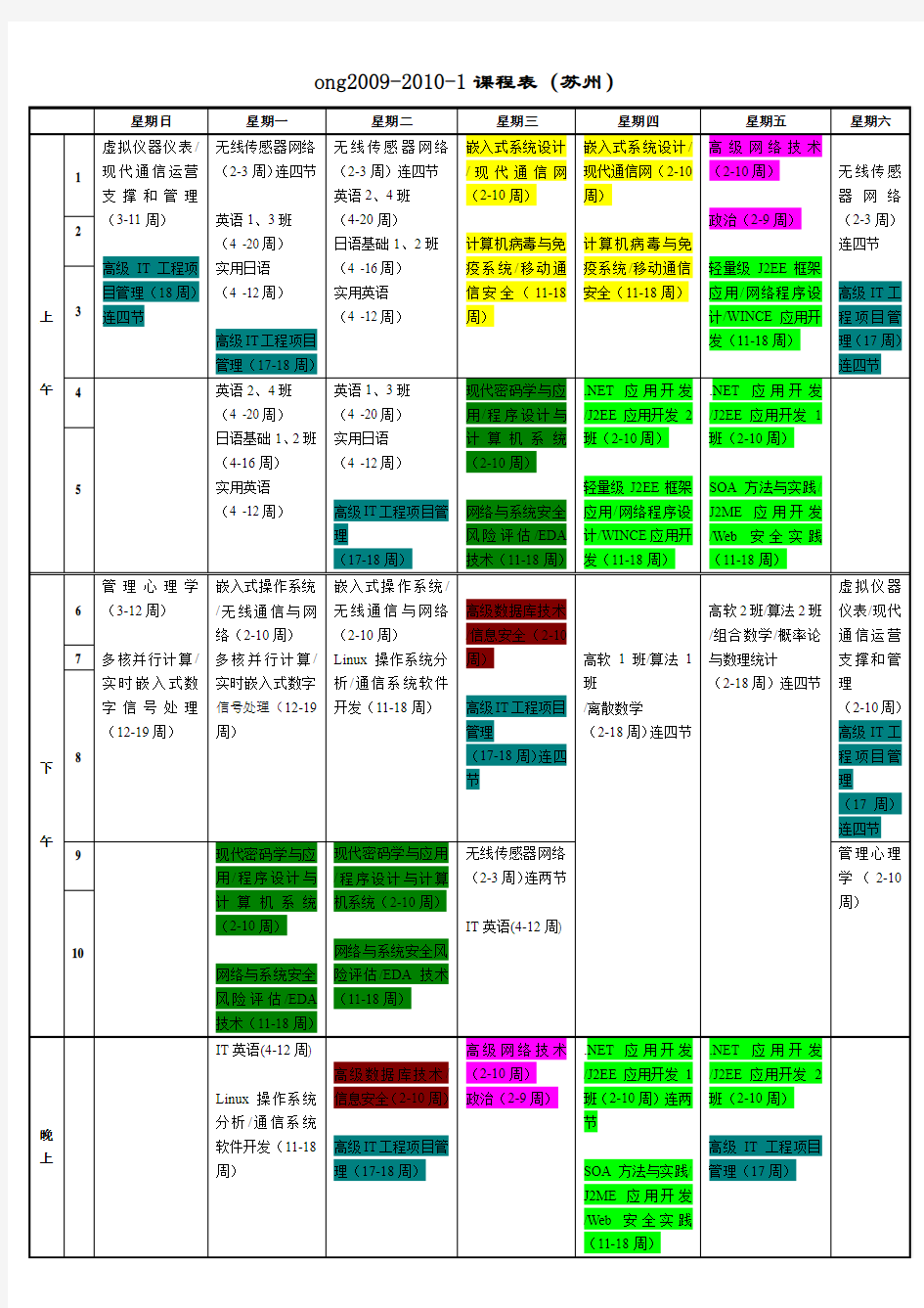 中国科学技术大学软件学院(苏州)2009-2010课程表