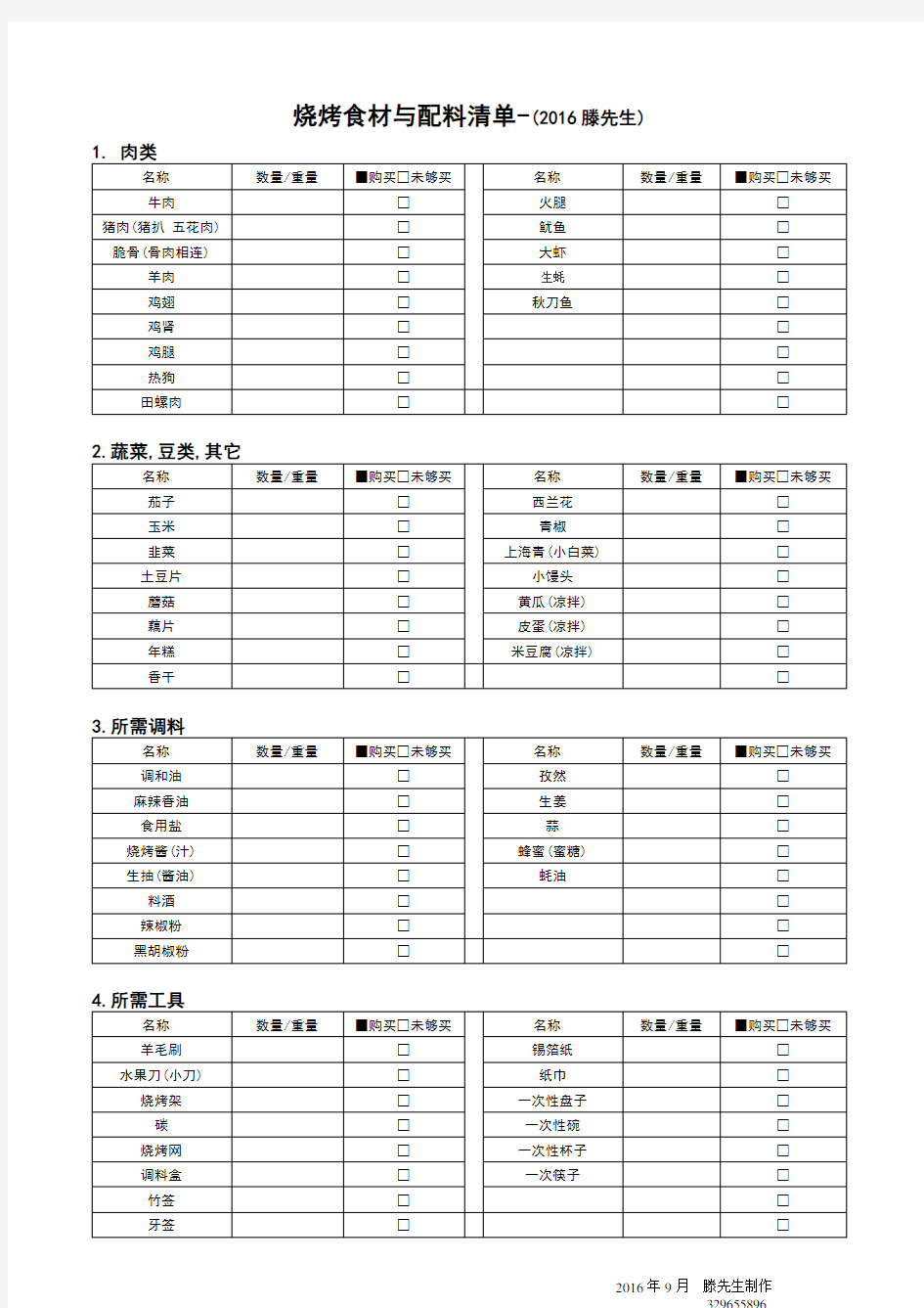 烧烤食材与配料清单(最全2016年)