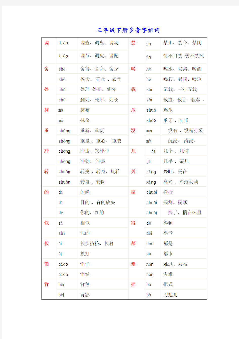 三年级下册语文多音字组词汇总 