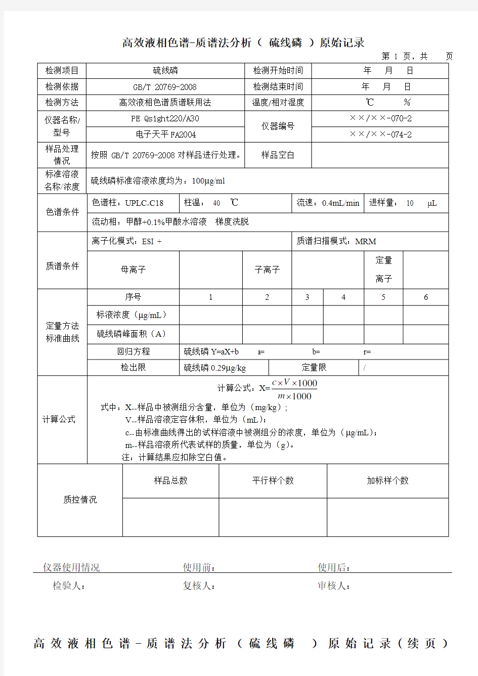 高效液相色谱-质谱法分析( 硫线磷 )原始记录