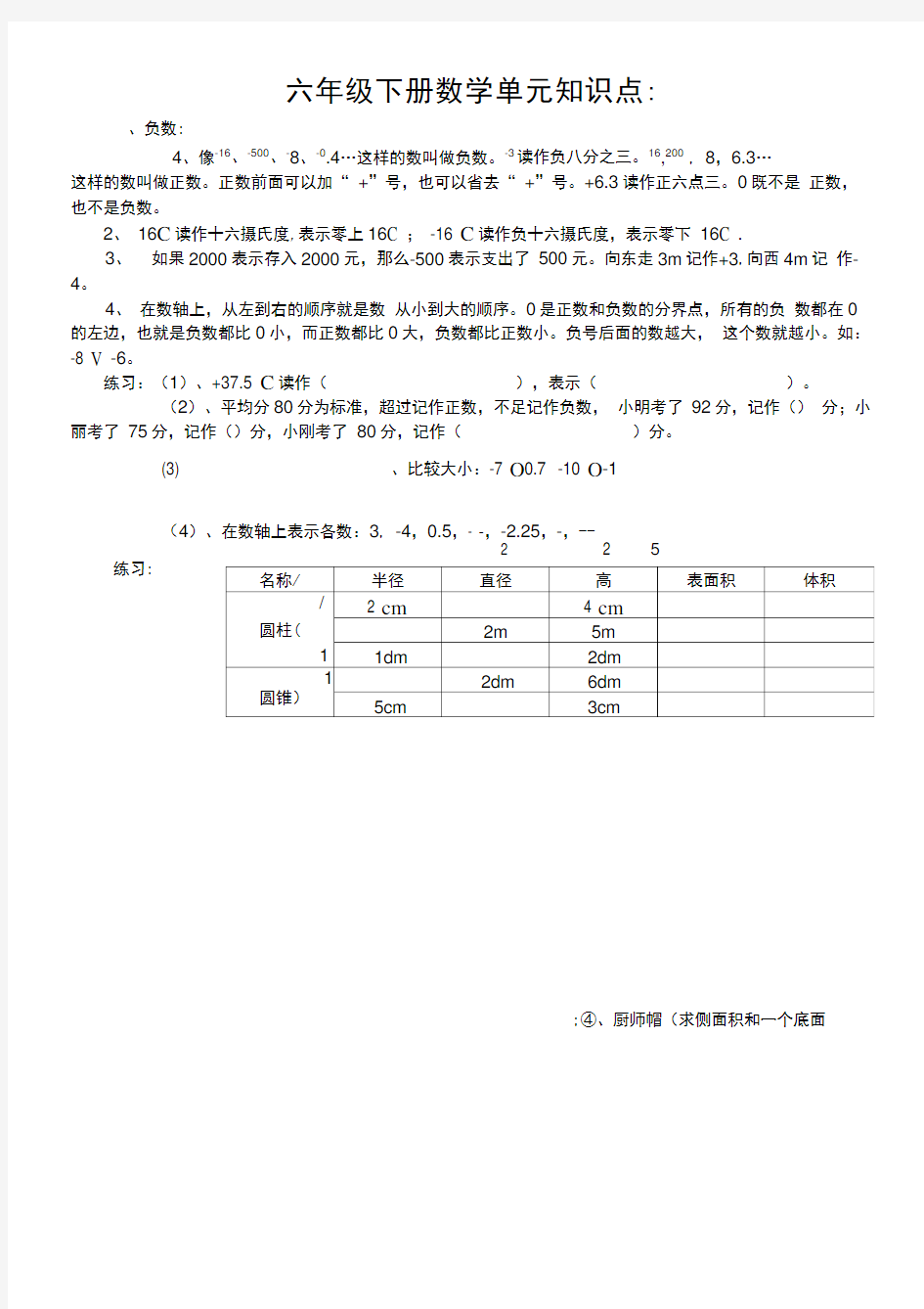 最新人教版六年级下册数学知识点归纳