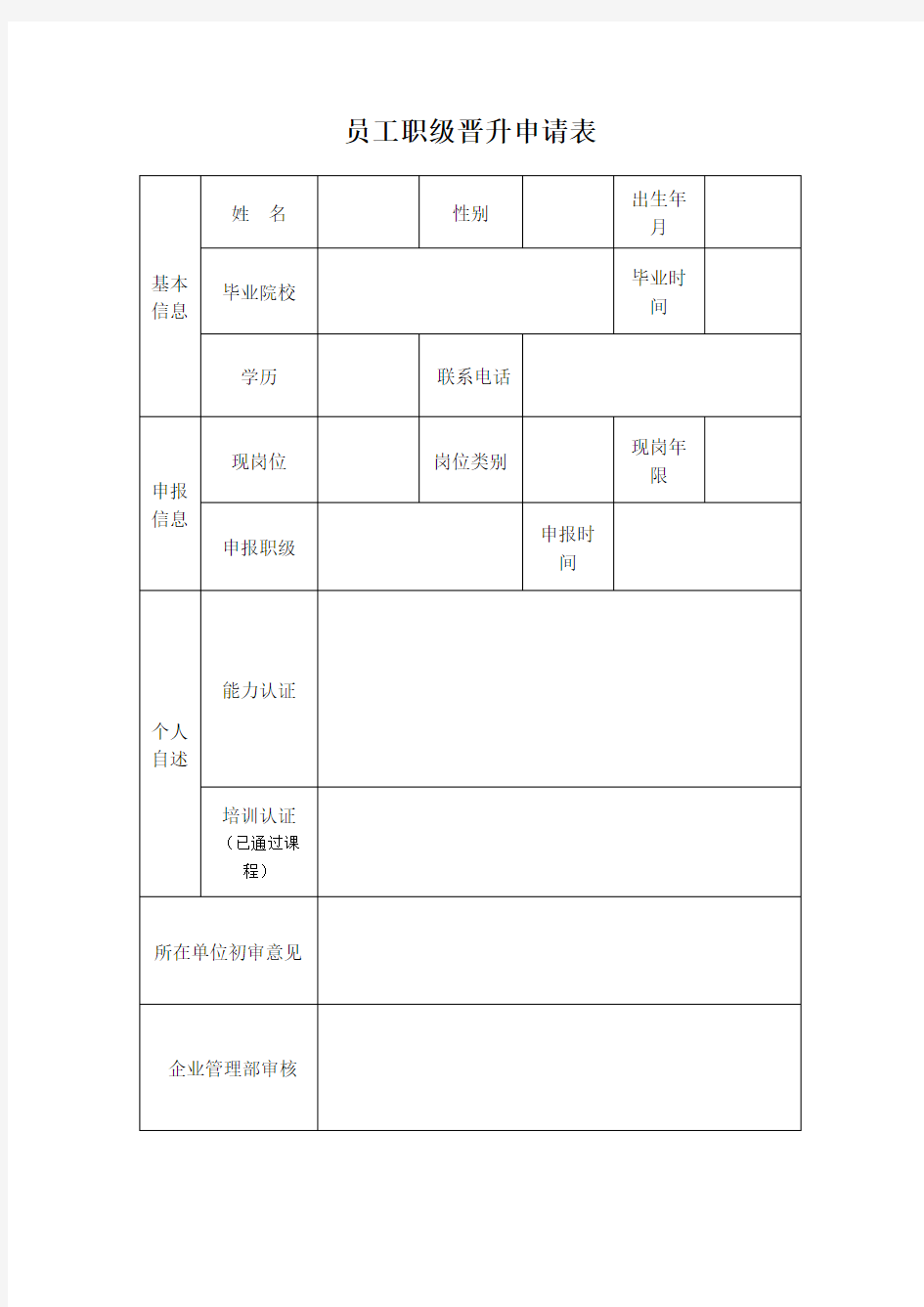 员工职级晋升申请表