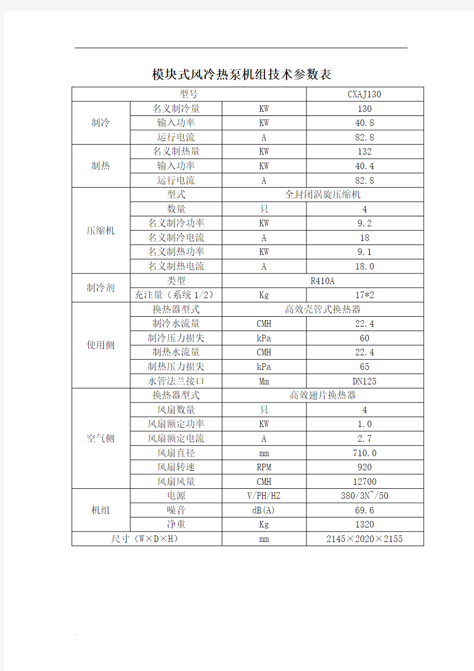 模块式风冷热泵机组技术参数表