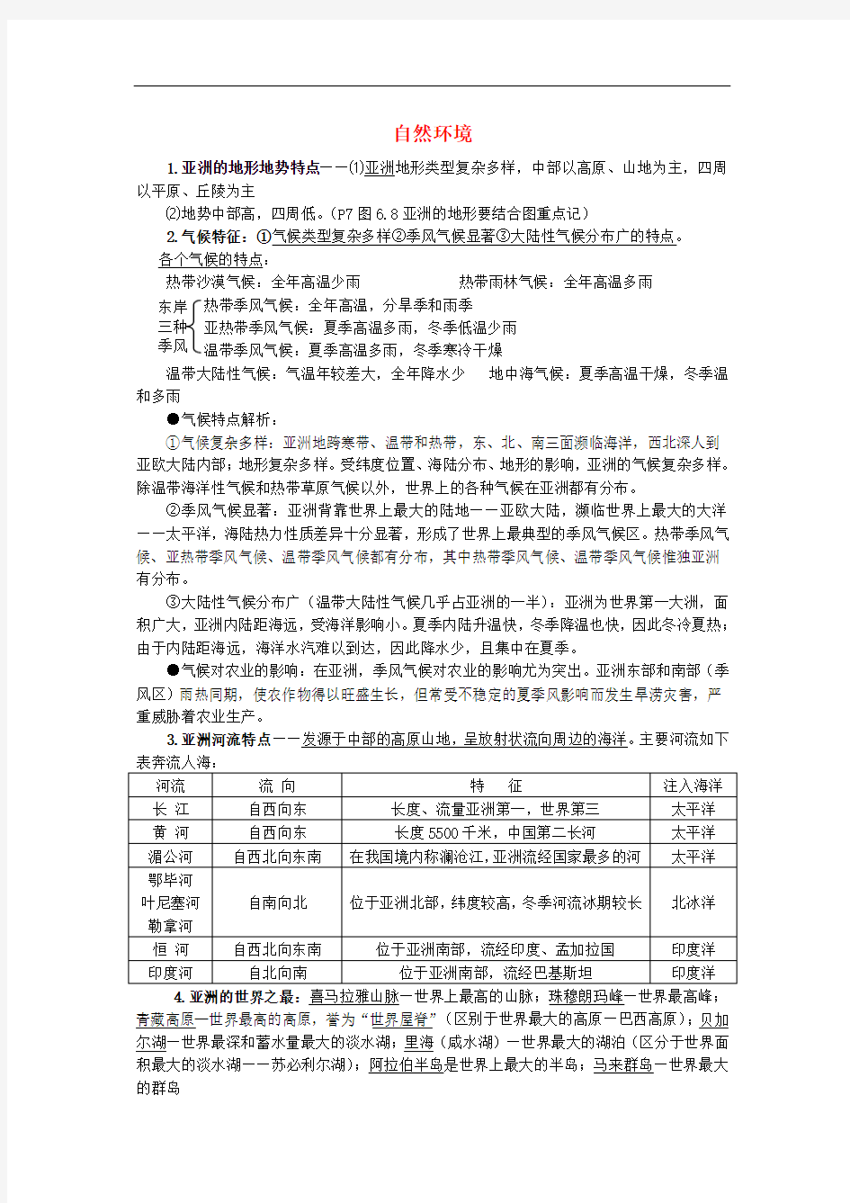 人教版七年级下册地理知识点归纳：自然环境