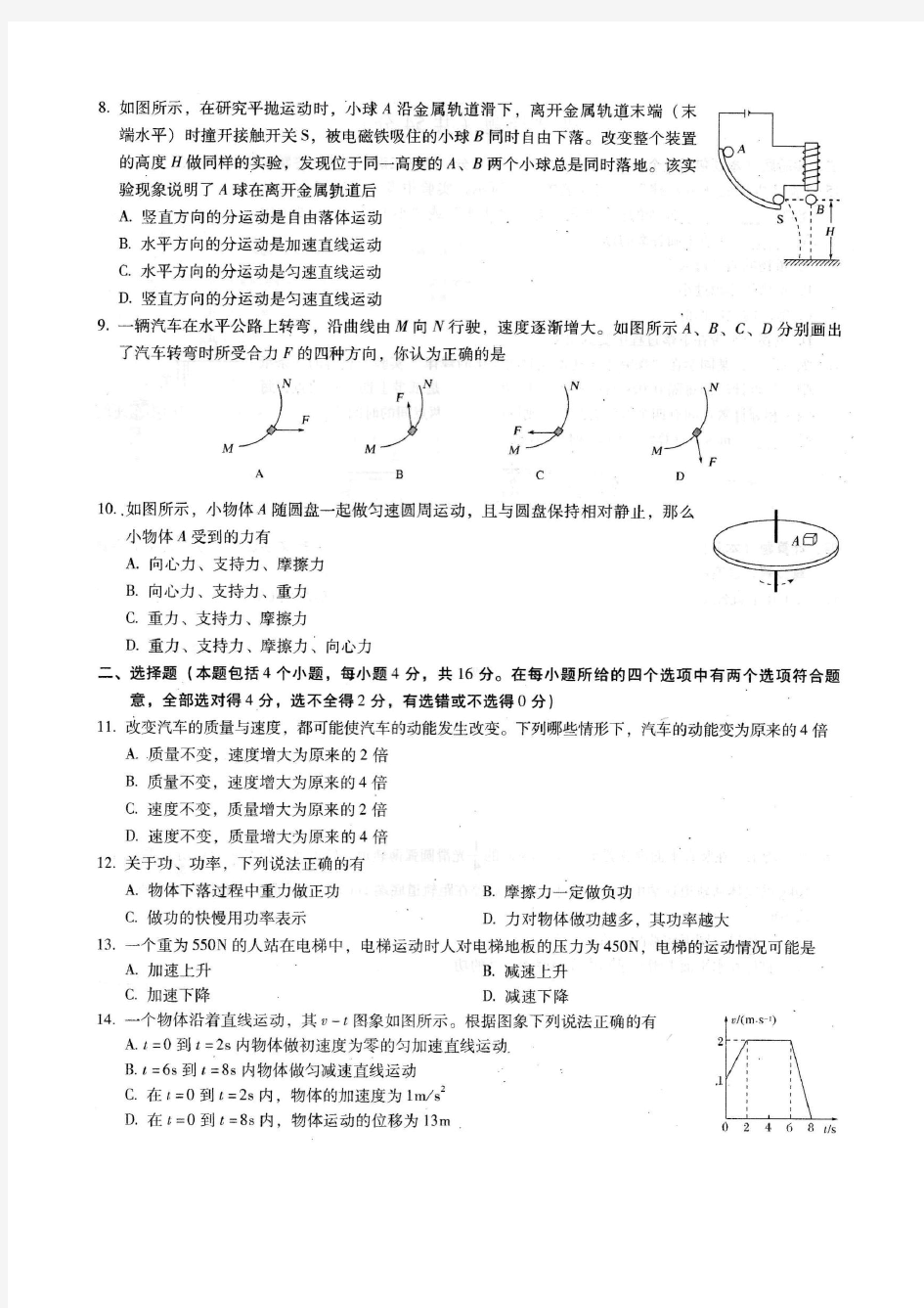 云南省2017年1月普通高中学业水平考试物理试卷(高清扫描真题版)