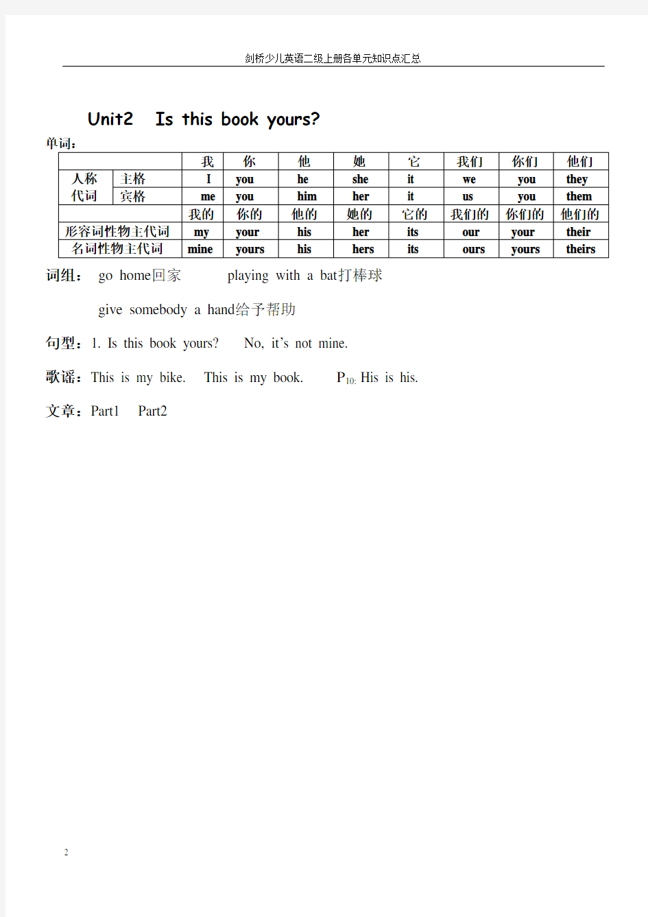 剑桥少儿英语二级上册各单元知识点汇总-打印版