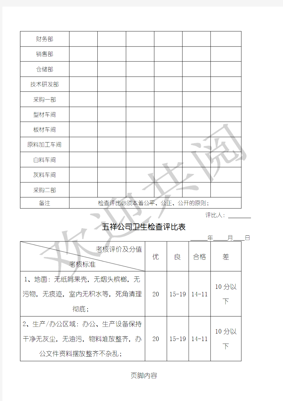 公司卫生检查评比表格模板