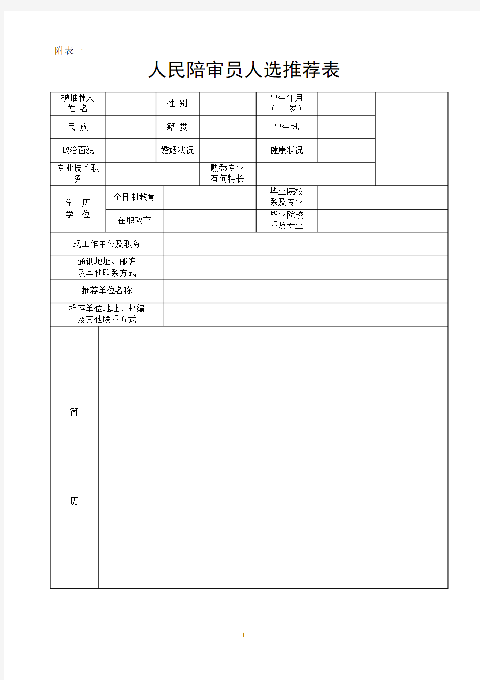 人民陪审员推荐表