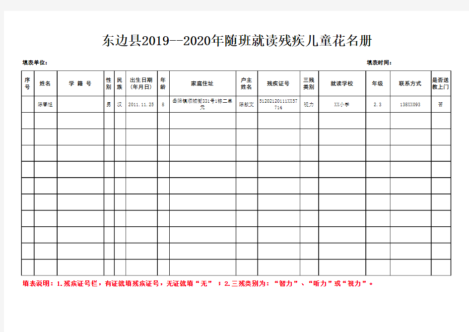 东边县2019--2020年随班就读残疾儿童花名册