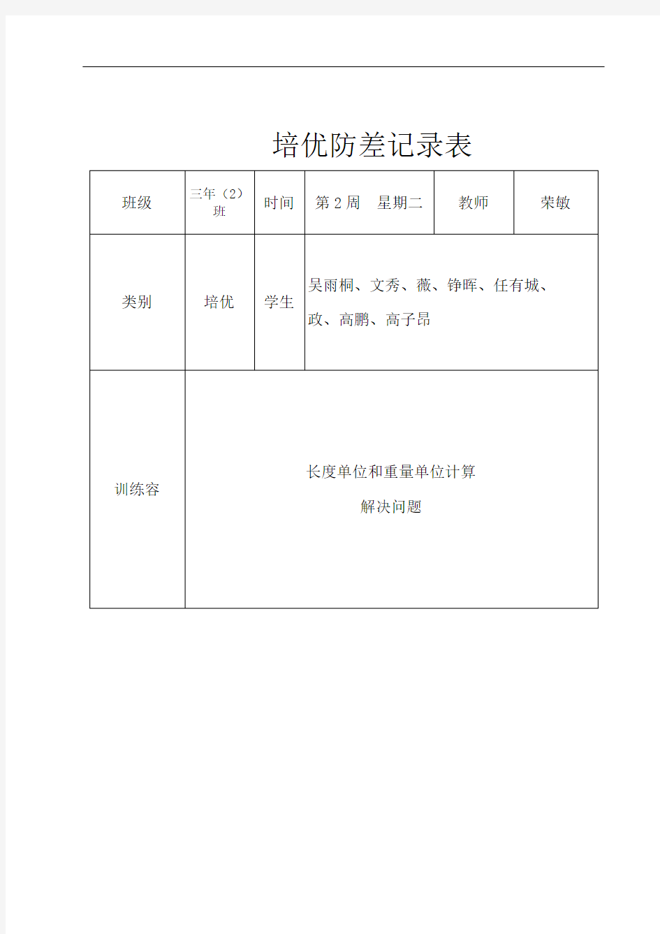 三年级(上册)数学培优辅差记录表