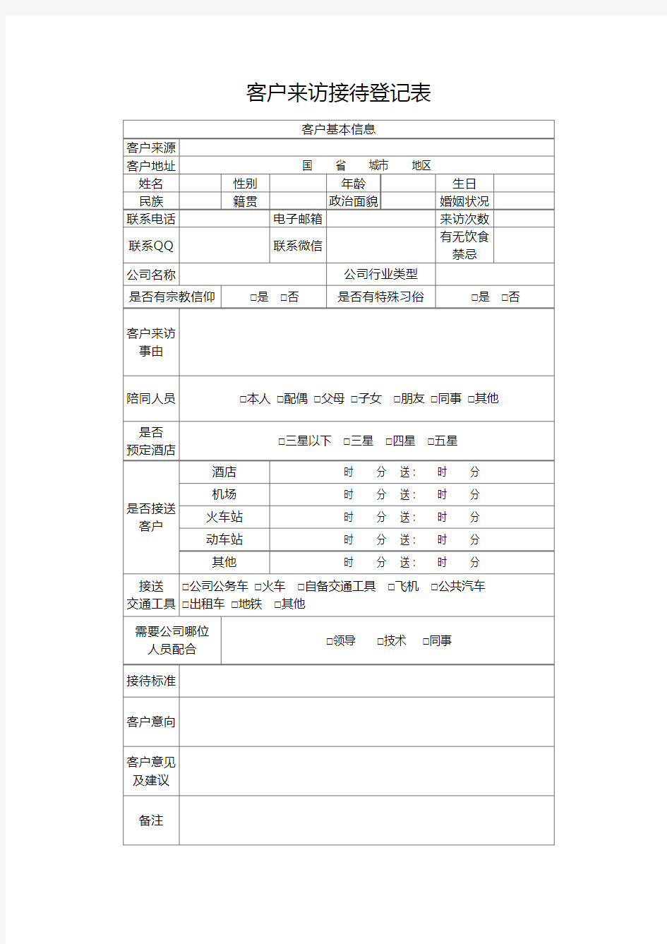 客户来访接待登记表