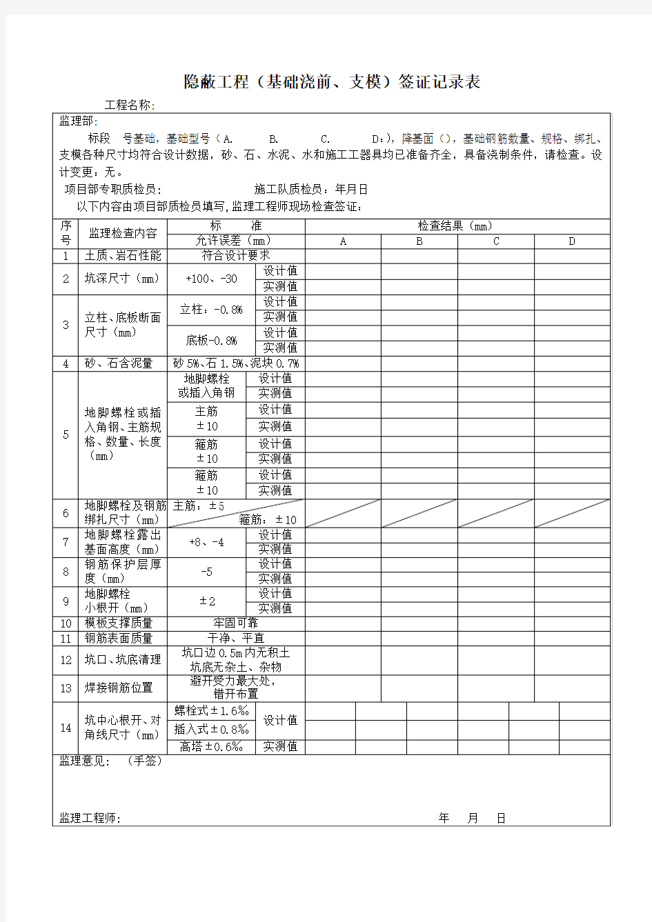 隐蔽工程(基础浇前、支模)签证记录表