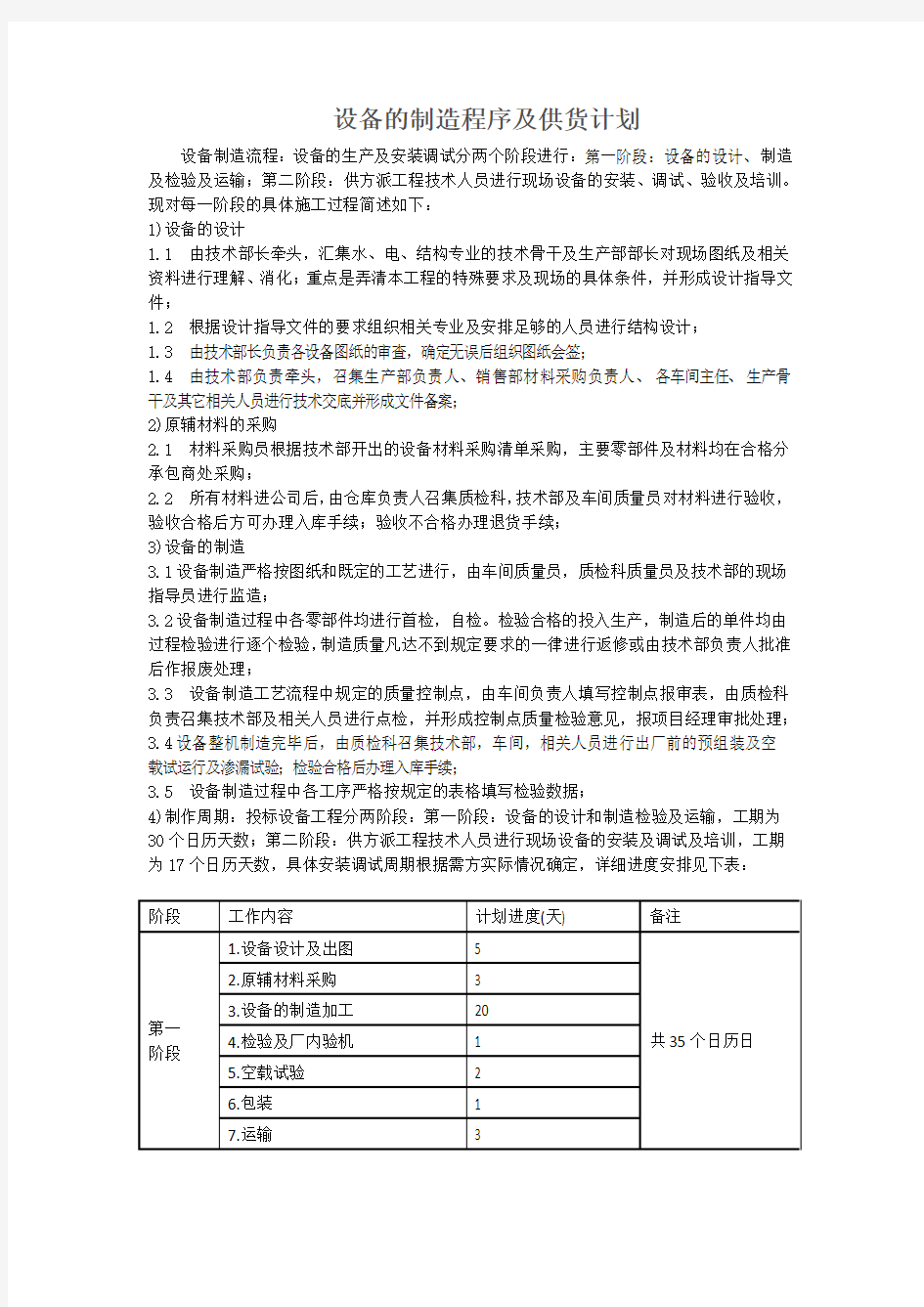 设备的制造程序及供货计划