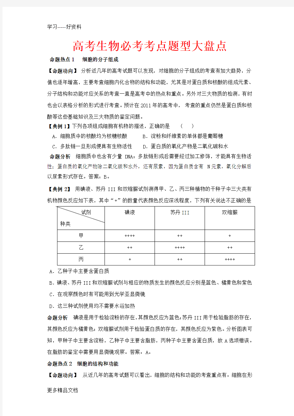 高考生物必考考点题型大盘点汇编