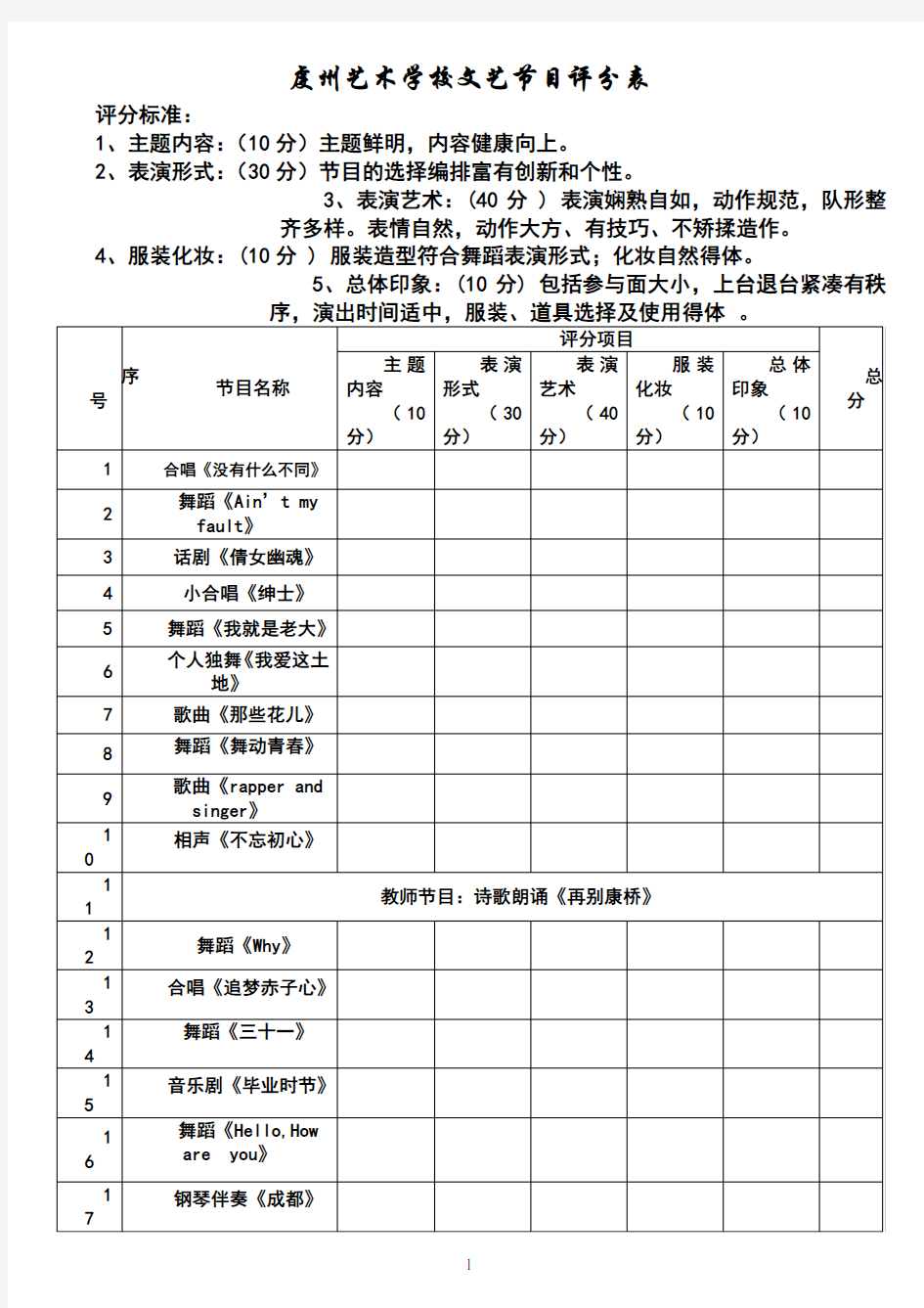 文艺节目表演评分表