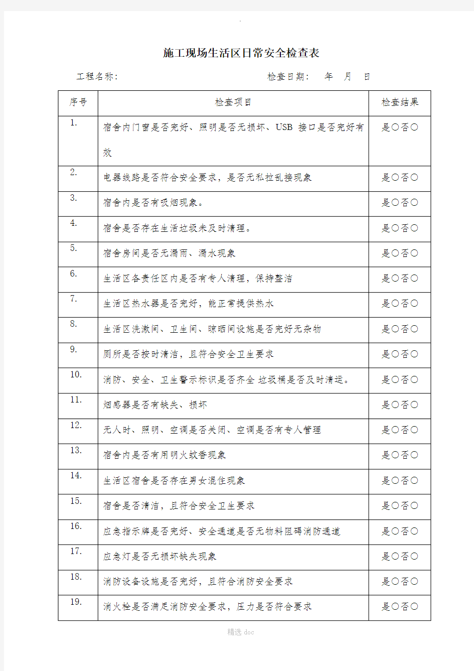 施工现场生活区日常安全检查表