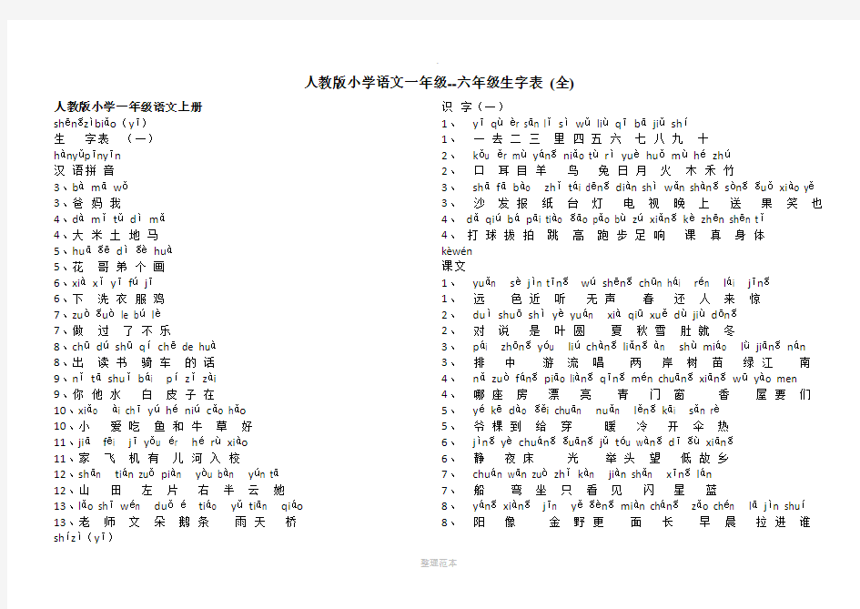 人教版小学语文一至六年级生字表带拼音