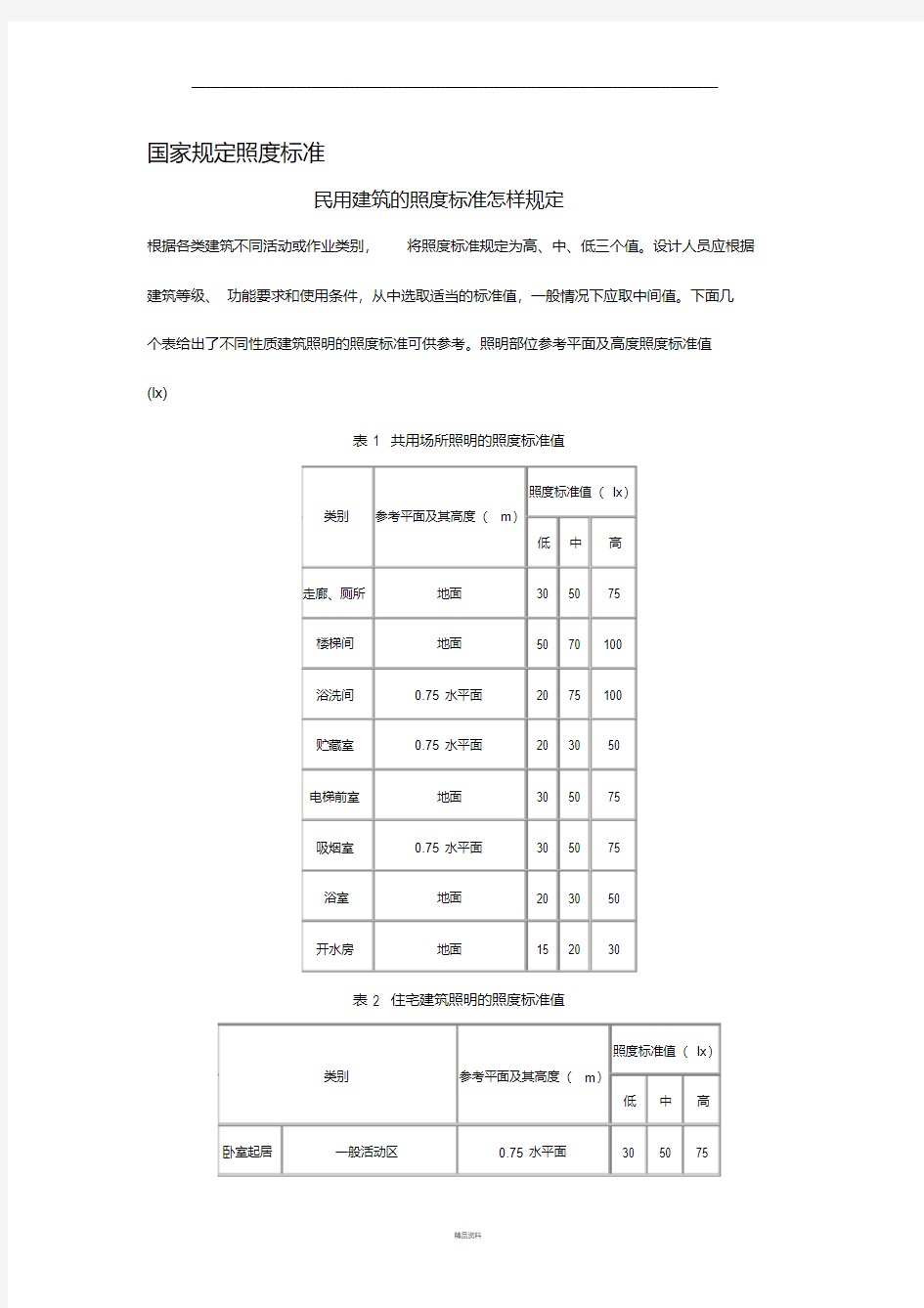 国家规定照度标准