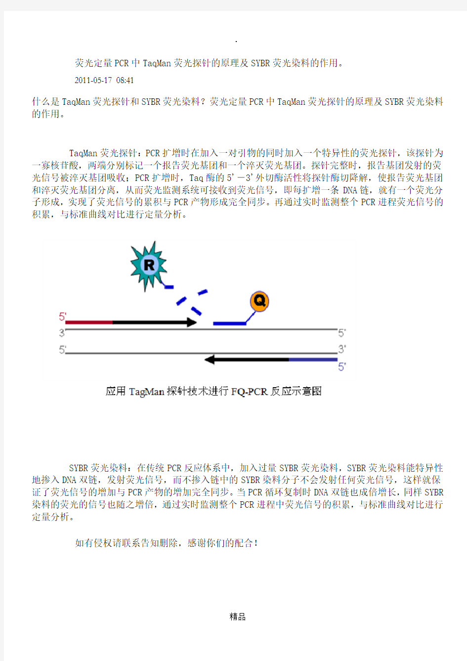 荧光定量PCR中TaqMan荧光探针的原理及SYBR荧光染料的作用。