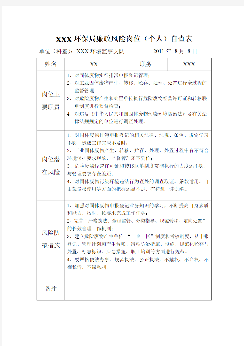 XXX环保局廉政风险岗位(个人)自查表