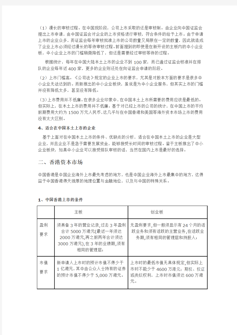 国内、香港、美国上市条件比较