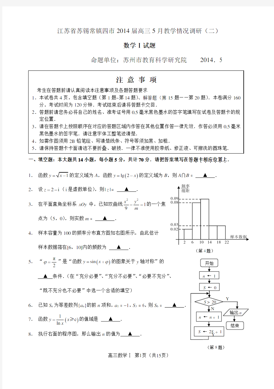 江苏省苏锡常镇四市2014届高三数学二模(WORD版,含答案)