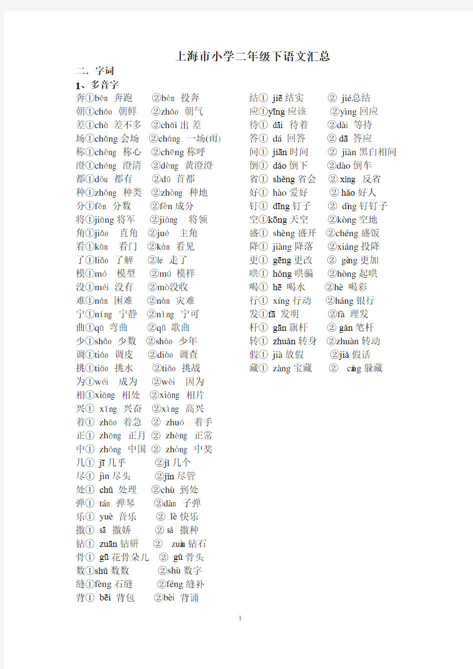 上海市小学二年级下语文汇总
