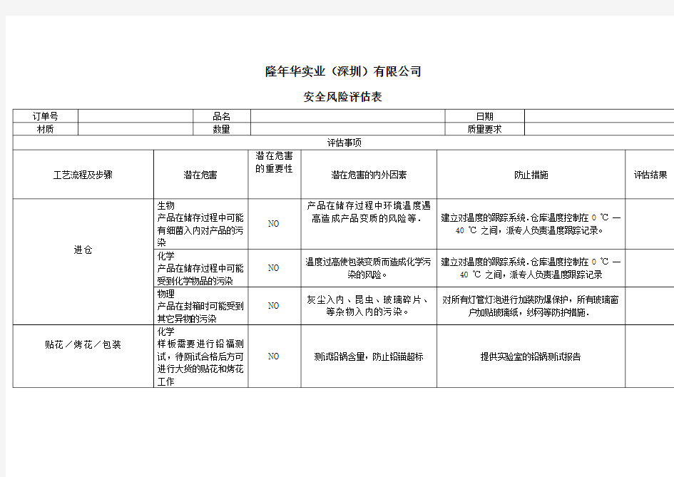 安全风险评估表