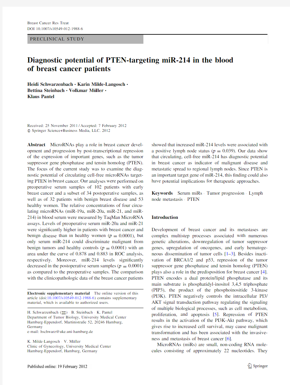 Diagnostic potential of PTEN-targeting miR-214 in the blood of breast cancer patients