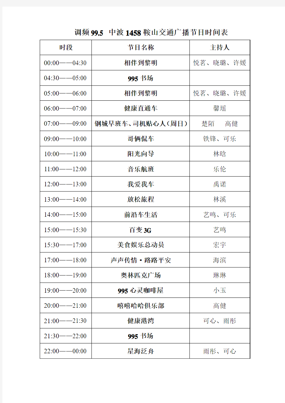 鞍山交通广播节目时间表