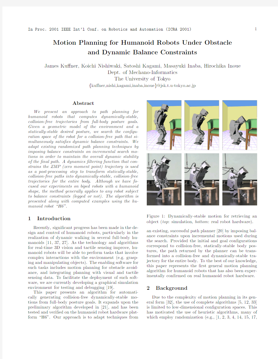 Motion planning for humanoid robots under obstacle and dynamic balance constraints