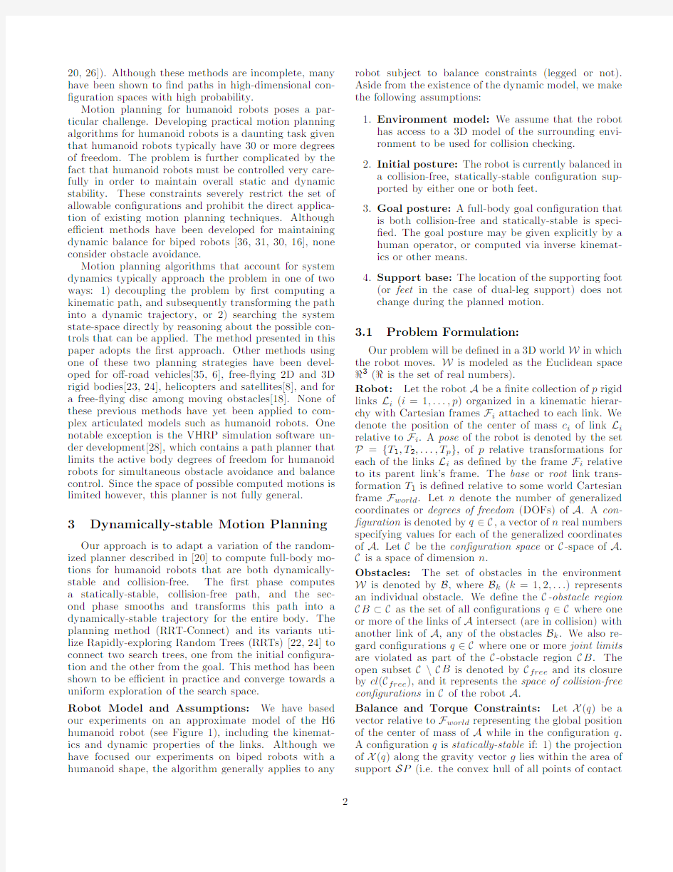 Motion planning for humanoid robots under obstacle and dynamic balance constraints