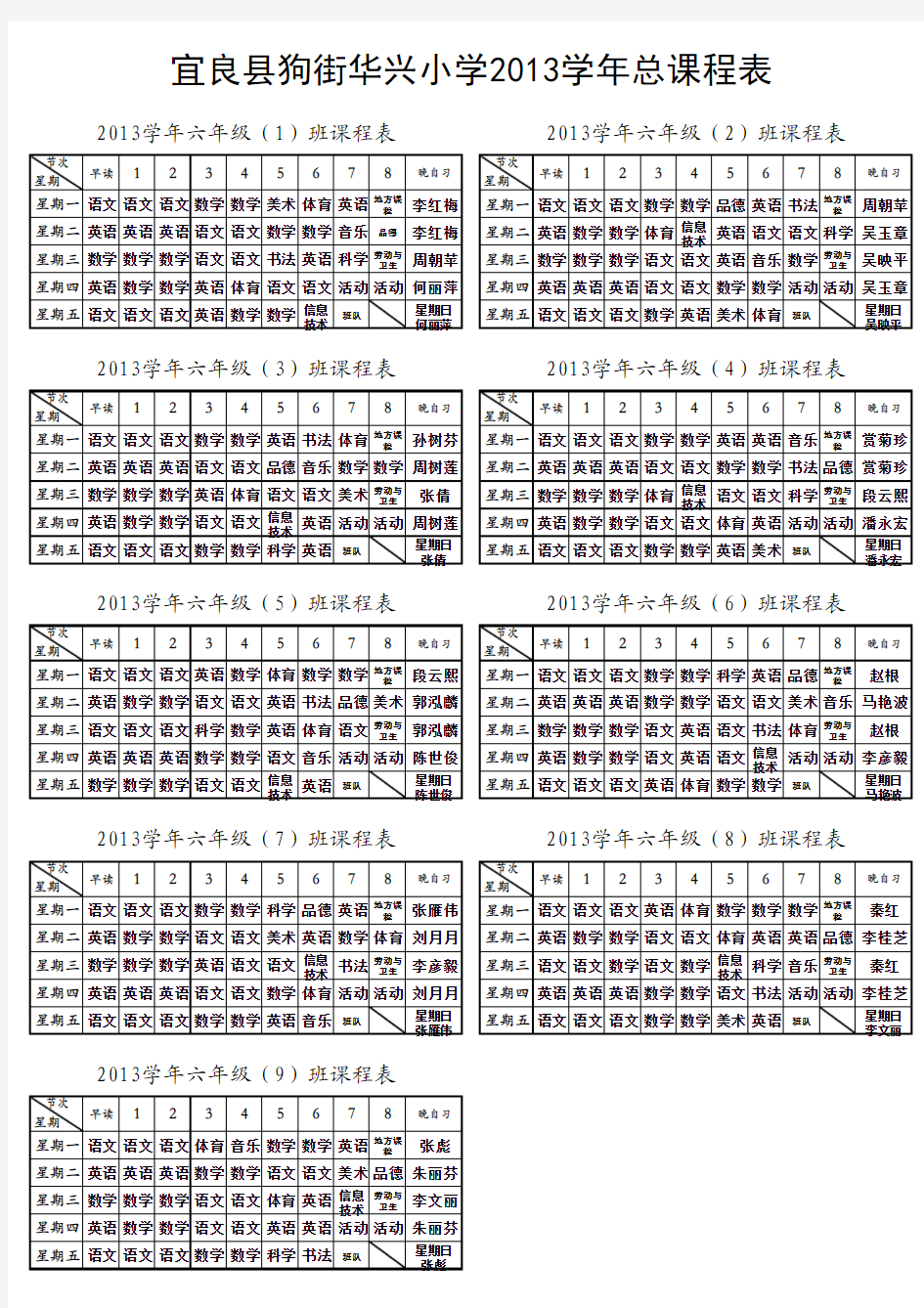 2013学年华兴小学五六年级总课程表(正式)