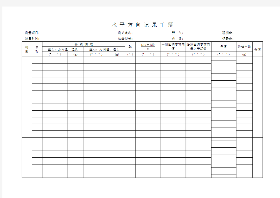 全圆观测法(方向测量)测量记录表