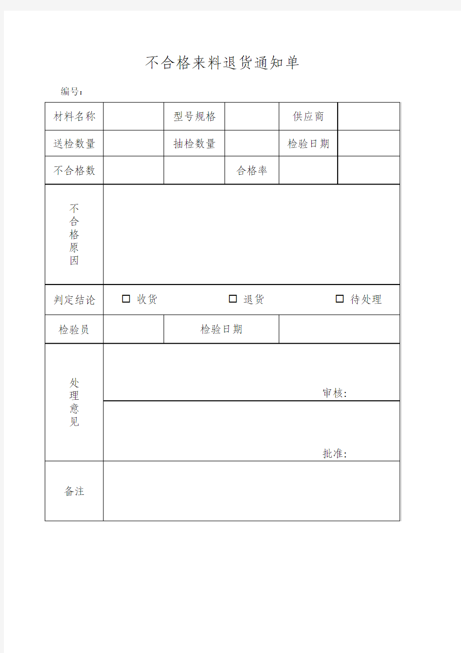 不合格来料退货通知单