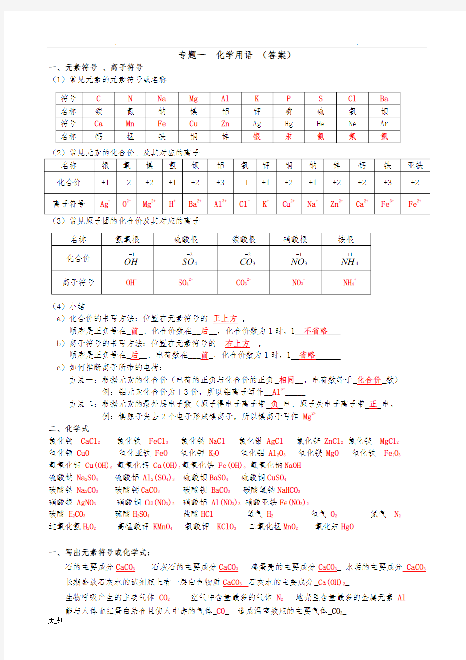 初中化学用语训练题(含答案)