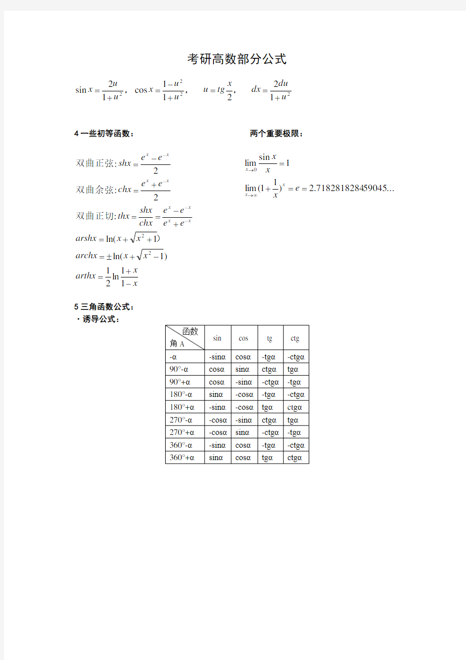 (完整版)考研高数必备公式