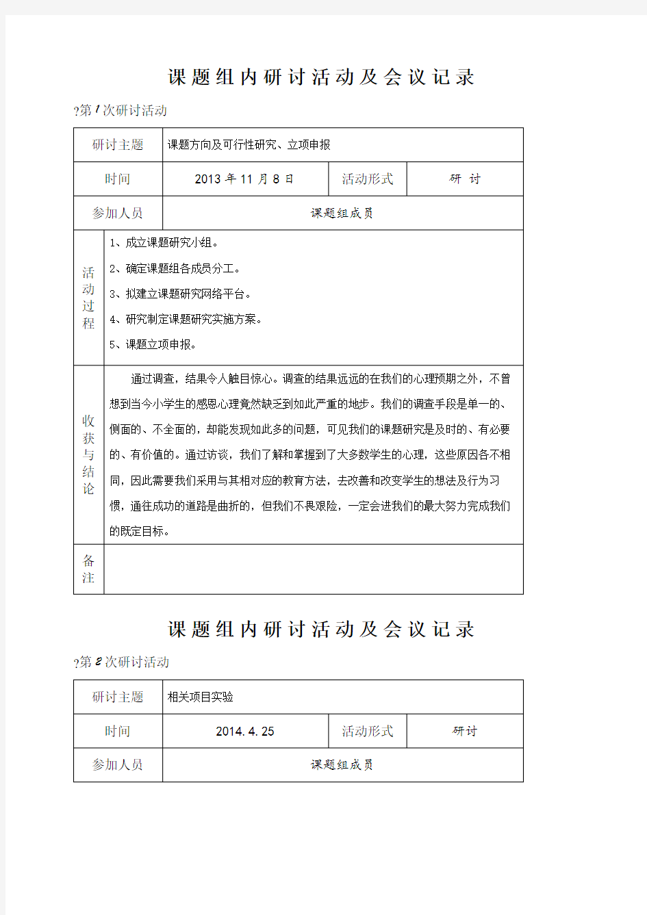 感恩教育课题组内研讨活动及会议记录