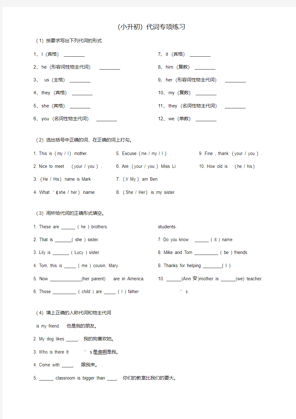 (小升初)代词专项练习含答案