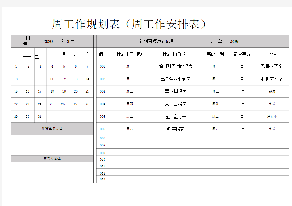 周工作规划表(周工作安排表)