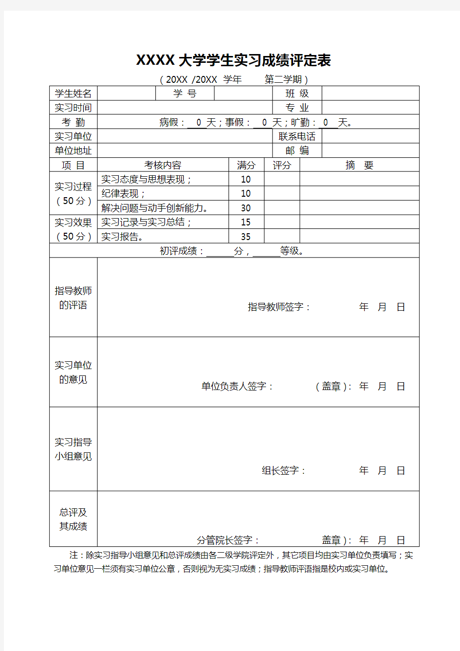 大学生实习成绩评定表