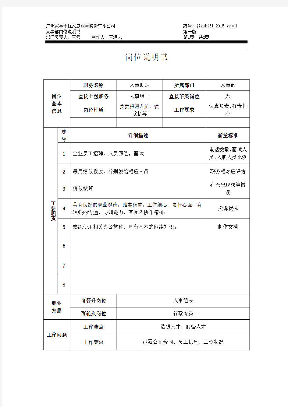 人事助理岗位说明书