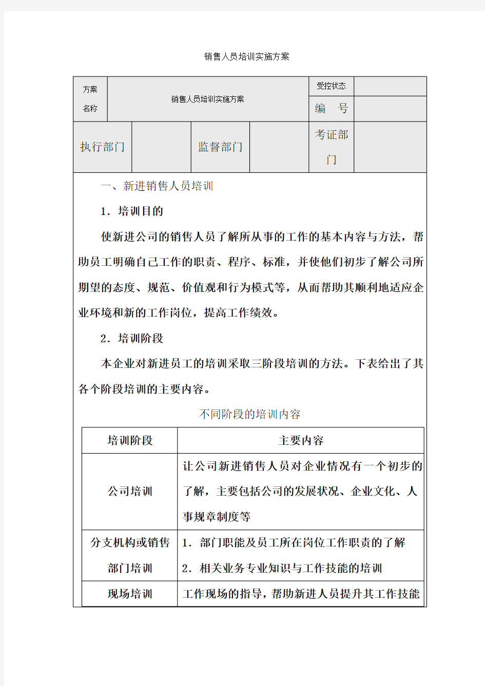 销售人员培训实施方案