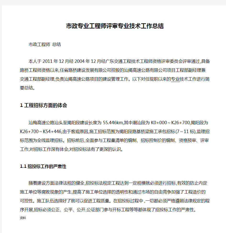 市政专业工程师评审专业技术工作总结完整版.doc